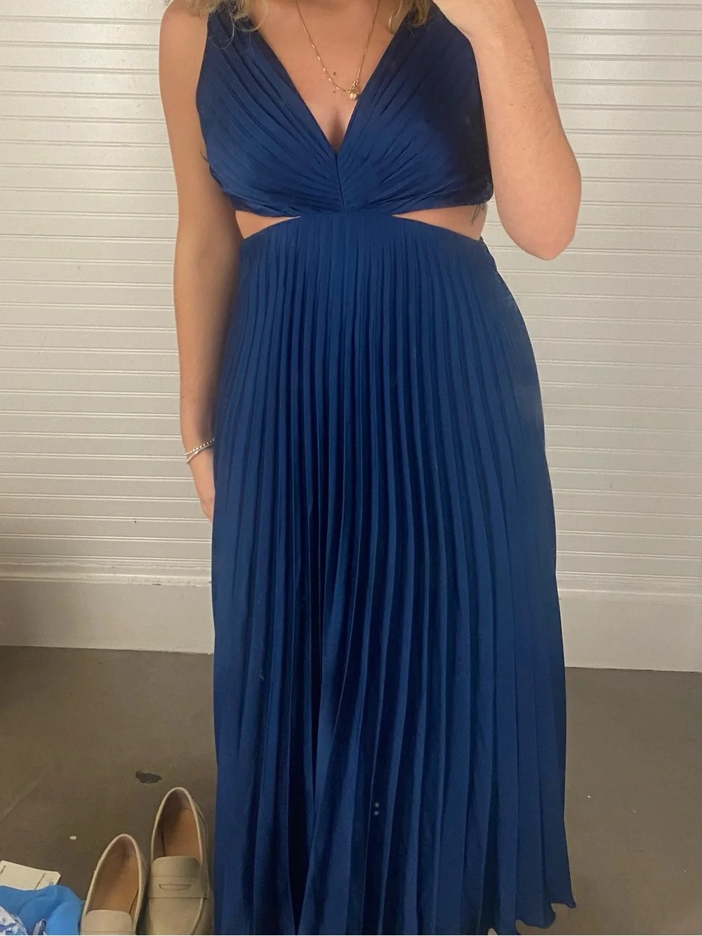 Pleated V-Neck Cutout Maxi Dress in Navy